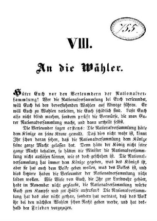 An die Wähler. VIII. Hütet Euch vor den Verleumdern der Nationalversammlung!