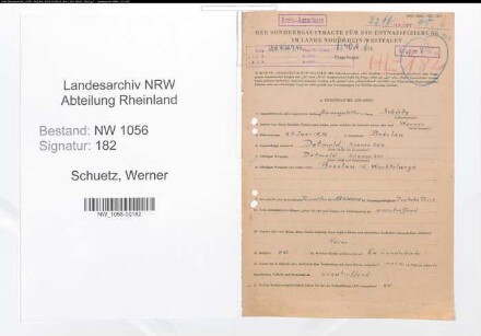 Entnazifizierung Werner Schuetz , geb. 29.06.1896 (Angestellter)