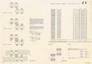 Bürohochhaus im Zooviertel, Berlin-Charlottenburg: 1. Fassung Juli 1960. Ansichten, Schnitte und Grundrisse, 1:500, Erläuterungen