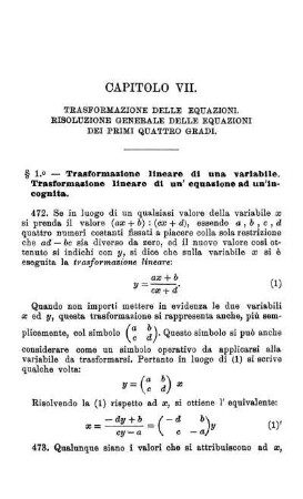 Capitolo VII. Transformazione delle equazioni. Risoluzione generale delle equazioni del primi quattro gradi.