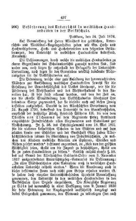 Beförderung des Unterrichts in weiblichen Handarbeiten in der Volksschule : [V. Volksschulwesen]