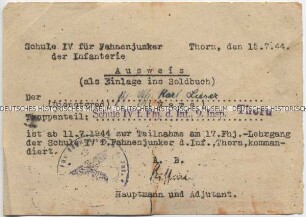 Ausweis der Schule IV für Fahnenjunker der Infanterie über die Teilnahme an einem Lehrgang