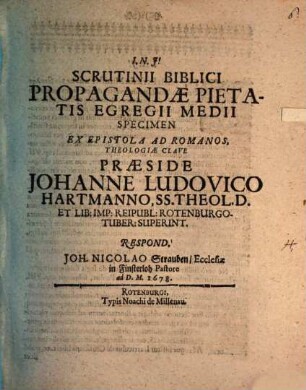 Scrutinii biblici, propagandae pietatis egregii medii, specimen, ex epistola ad Romanos theologiae clave