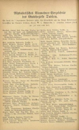 Alphabetisches Einwohner-Verzeichnis des Gutsbezirks Dahlem
