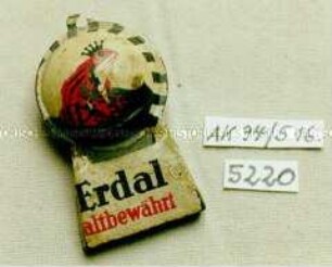 Blech-Trillerpfeife mit Werbeaufdruck "Erdal altbewährt"