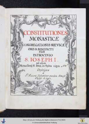 Constitutiones Monasticae Congregationis Suevicae Ord. S. Benedicti Sub Patrocinio S. Iosephi : Ad usum Monasterij. S. Petri, in Sylva nigra