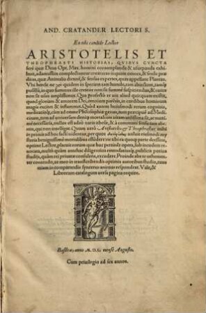 And. Cratander Lectori S. En tibi candide Lector Aristotelis Et Theophrasti Historias ...