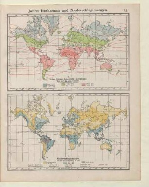 Jahres-Isothermen und Niederschlagsmengen. I. Linien gleicher Temperatur (Isothermen) der Luft im Jahresmittel