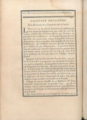 Chapitre Troisie'me. De la Décoration de la Façade du côté de l'entrée.