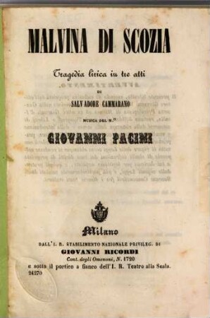 Malvina di Scozia : tragedia lirica in tre atti