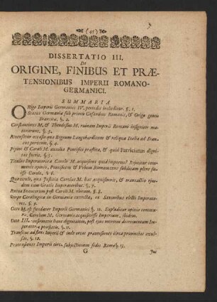 Dissertatio III. De origine, finibus et praetensionibus imperii romano-germanici