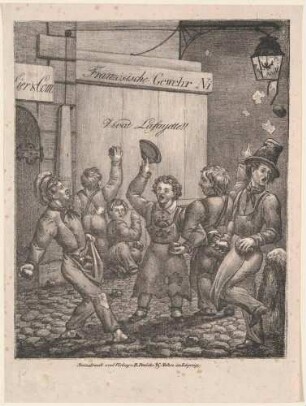 "Vivat Lafayette!!": Steine werfende junge Männer während des Leipziger Volksaufstandes im September 1830 nach dem Vorbild der französischen Julirevolution, aus einer Reihe