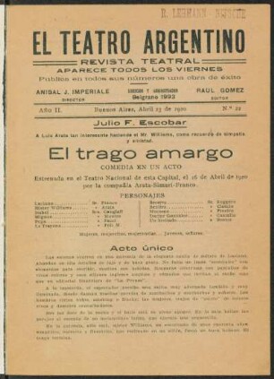 1920002200: El trago amargo : comedia en un acto