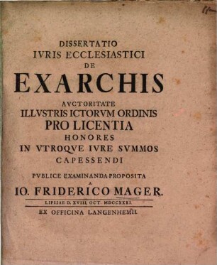 Dissertatio Ivris Ecclesiastici De Exarchis