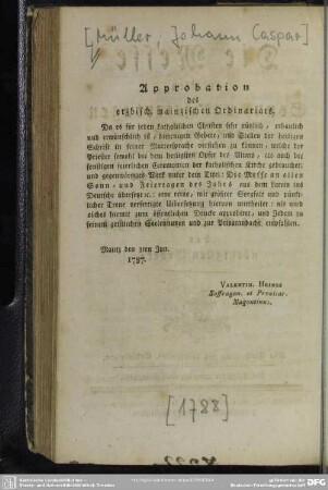 Approbation des erzbisch. mainzischen Ordinariats