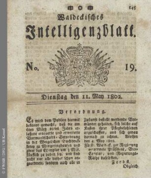 No. 19, Dienstag den 11. May 1802