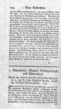 7. Naturlehre, Chymie, Naturgeschichte und Mineralogie.