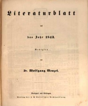 Morgenblatt für gebildete Leser. Literaturblatt. 1843