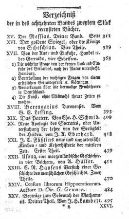 Verzeichniß der in des achtzehnten Bandes zweytem Stück recensirten Bücher.