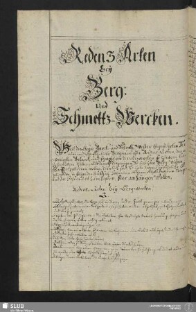 Redens Arten bey Berg: und Schmeltz-Wercken