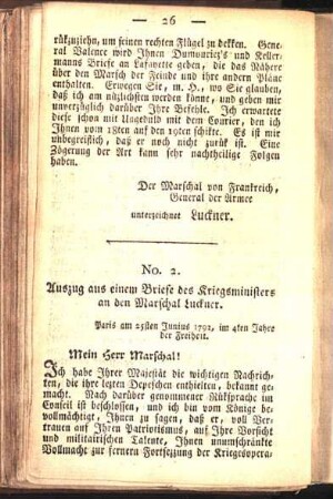 No. 2. Auszug aus einem Briefe des Kriegsministers an den Marschal Luckner.