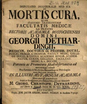 Disputatio Inauguralis Medica De Mortis Cura