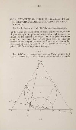 On a geometrical theorem relating to an equilateral triangle circumscribed about a circle.