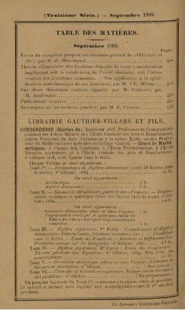 Table des matières. Septembre 1889.