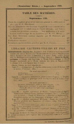 Table des matières. Septembre 1889.