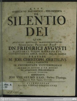 Dissertatio Pneumatico-Philosophica De Silentio Dei