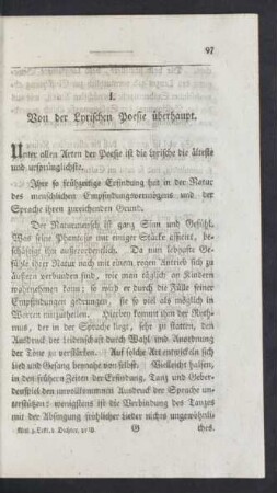 I. Von der Lyrischen Poesie überhaupt.
