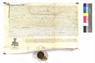 Notariatsinstrument des Nikolaus Diener über die Genehmigung zum nachstehenden Verkauf der Kelter; Siegel: Generalvikar zu Würzburg: Das Stift Möckmühl verkauft an Kraft von Hohenlohe 1/3 am Zehnten zu Ingelfingen; Siegel: Stift Möckmühl.
