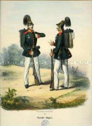 Uniformdarstellung, Jäger des Garde-Jäger-Bataillons, Preußen 1843/1845. Aus: Sachse: Das Preussische Heer. Tafel 12.