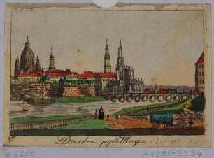 Stadtansicht von Dresden, Blick vom Neustädter Ufer über die Elbe auf die Altstadt und die Augustusbrücke