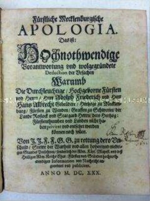 Politische Streitschrift zur Absetzung der Mecklenburgischen Herzöge durch den deutschen Kaiser während des Dreißigjährigen Krieges nach dem Frieden von Lübeck