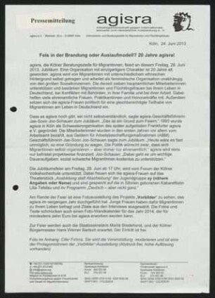 Pressemitteilung: Fels in der Brandung oder Auslaufmodell? 20 Jahre agisra!