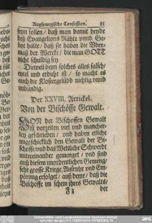 Der XXVIII. Artickel. Von der Bischöffe Gewalt.