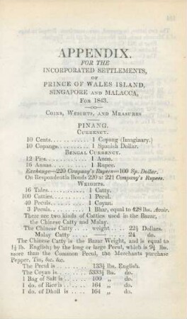 Appendix for the incorporated settlements, of Prince of Wales Island, Singapore and Malacca, for 1843