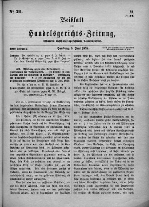 Beiblatt zur hamburgischen Handelsgerichts-Zeitung No. 21. Elfter Jahrgang. Hamburg, 5. Juni 1878.