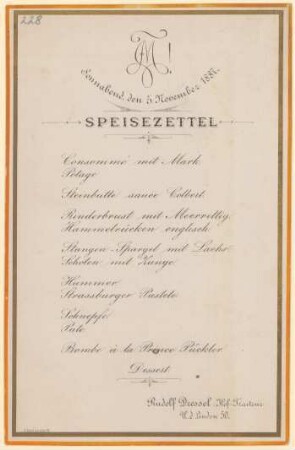 Menükarte : Speisezettel, Rudolf Dressel, Hoftraiteur
