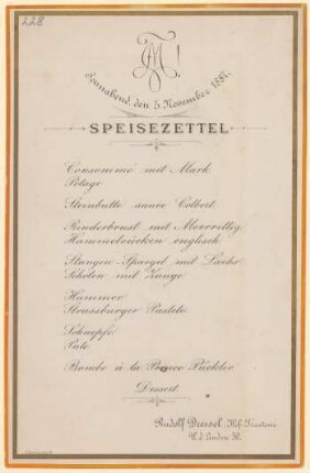 Menükarte : Speisezettel, Rudolf Dressel, Hoftraiteur