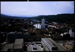 Lörrach: vom Rathausturm Richtung Süden auf die Stadt