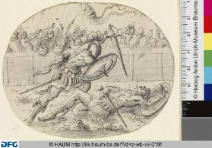 Sechs Zeichnungen zur römischen Geschichte: a) Kampf der Horatier gegen die Curiatier; b) Marcus Curtius; c) Horatius Cocles; d) Marcus Valerius; e) Mucius Scaevola; f) Titus Manlius