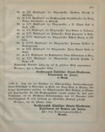 110. Ministerial-Bekanntmachung, betreffend Wechsel in der Hauptagentur der Schweizerischen Unfallversicherungs-Aktien-Gesellschaft in Winterthur