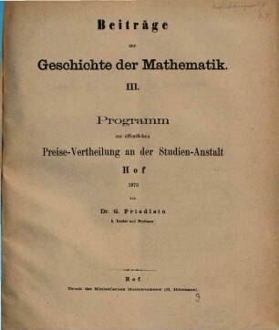 Programm zur öffentlichen Preise-Vertheilung an der Studienanstalt Hof. 1873