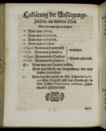 Erklärung der Außlegungs-Zeichen/ im Andern Theil.