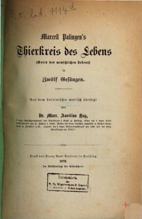 Marcell Palingen's Thierkreis des Lebens : (Kreis des menschlichen Lebens) ; in zwölf Gesängen