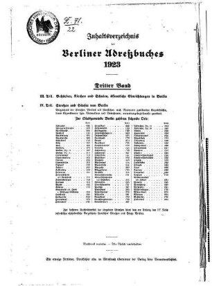 Inhaltsverzeichnis des Berliner Adreßbuches 1923 Dritter Band