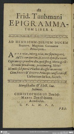 Frid. Taubmani Epigrammatum Liber I.