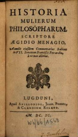 Historia Mulierum philosopharum ...